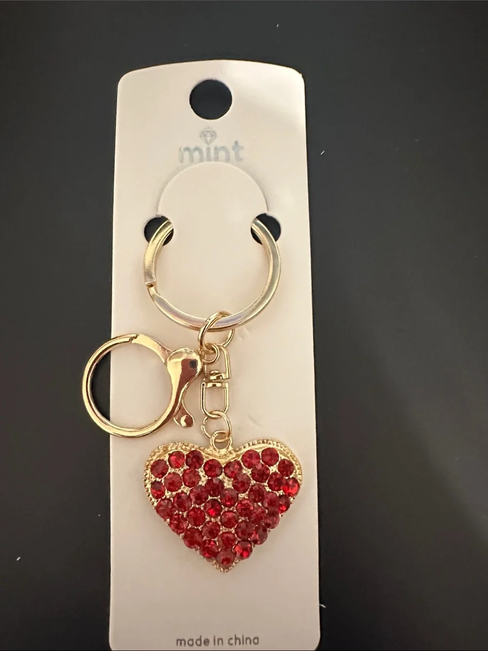 Mint Gold Heart Keyring with Red Crystal Accent